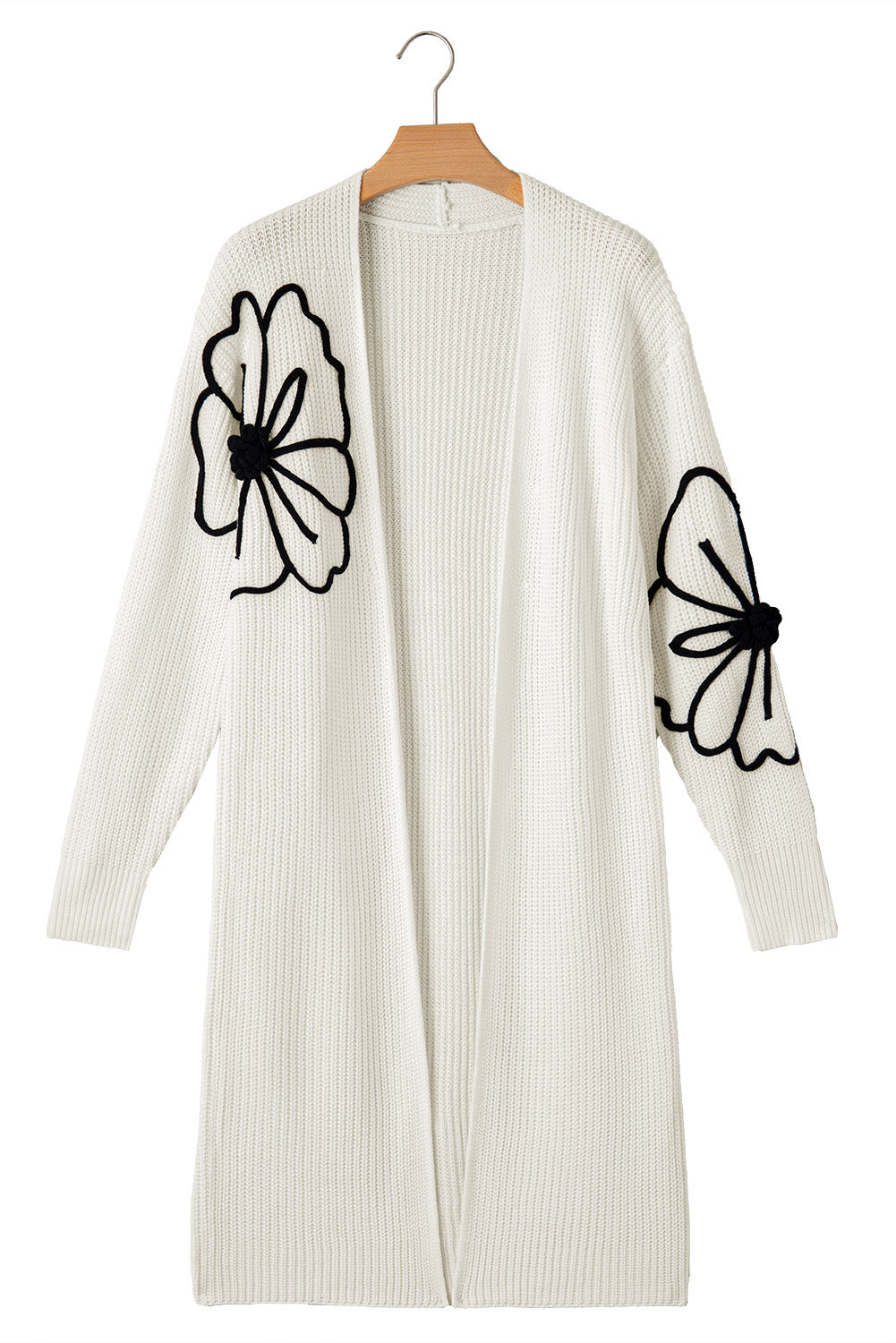 Beige Flower Embroidered Drop Shoulder Open Front Duster Cardigan