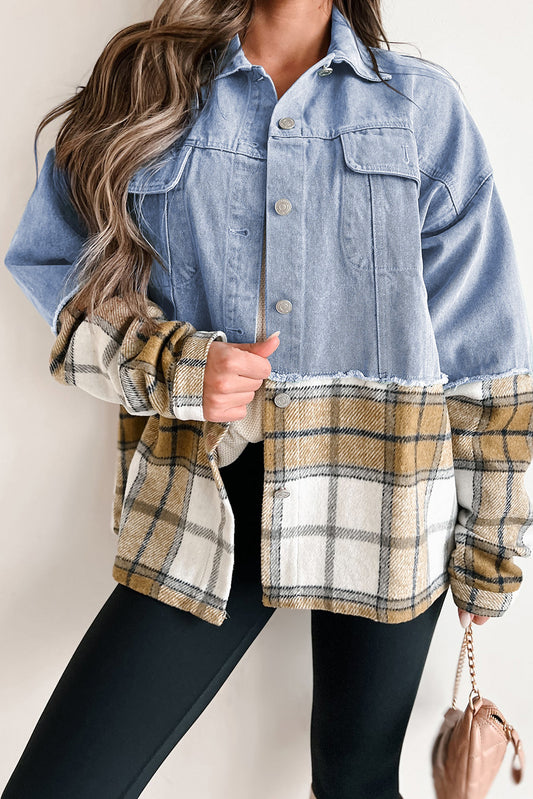 Khaki Plaid Patchwork Buttoned Oversized Denim Jacket