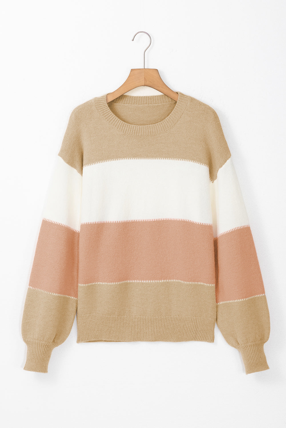 Dusty Pink Color Block Lantern Sleeve Drop Shoulder Sweater