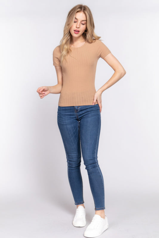 Short Slv Crew Neck Variegated Rib Knit Top