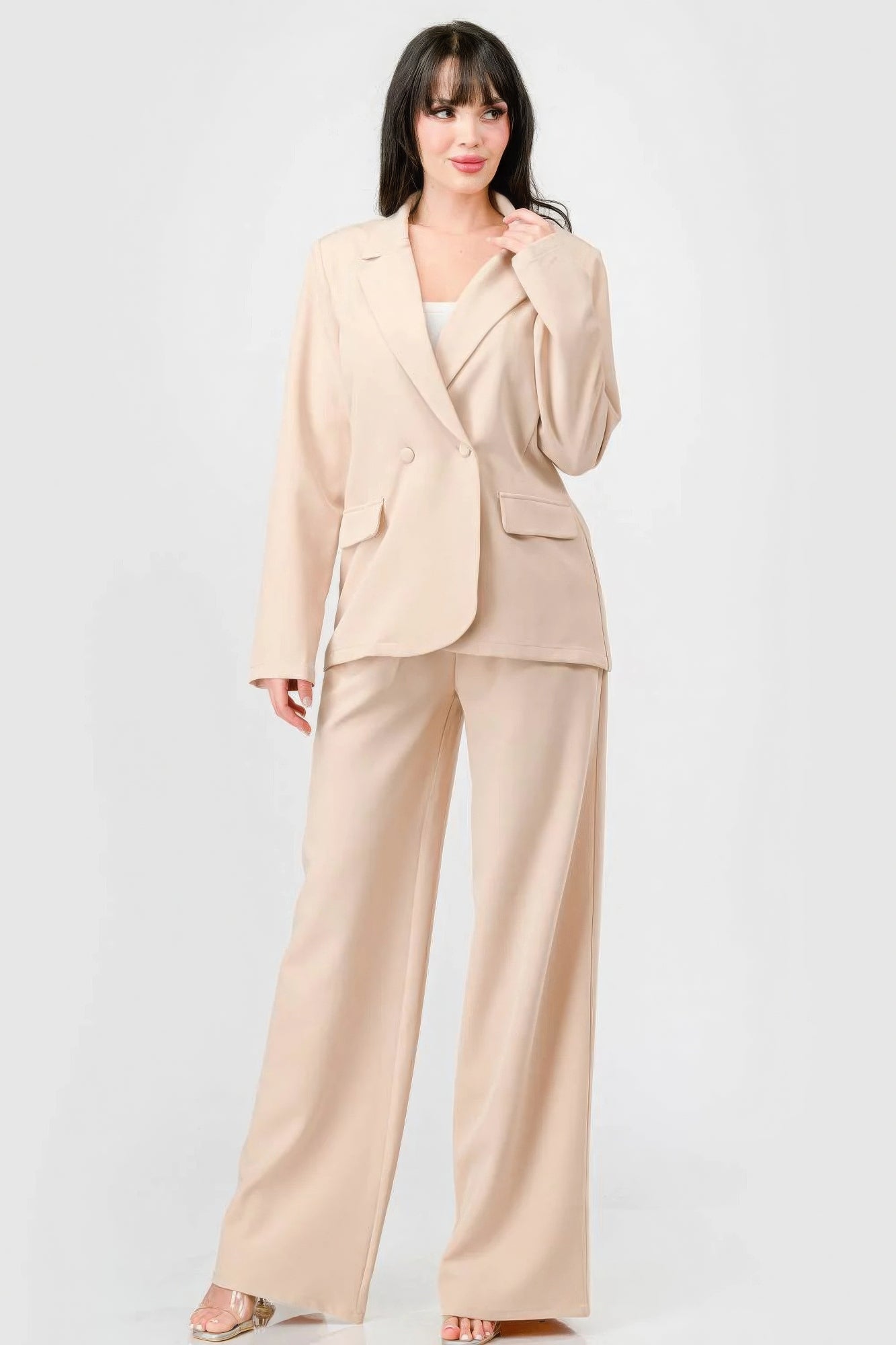 Luxe Stretch Woven Loose Fit Blazer And Wide Legs Pants Semi Formal Set