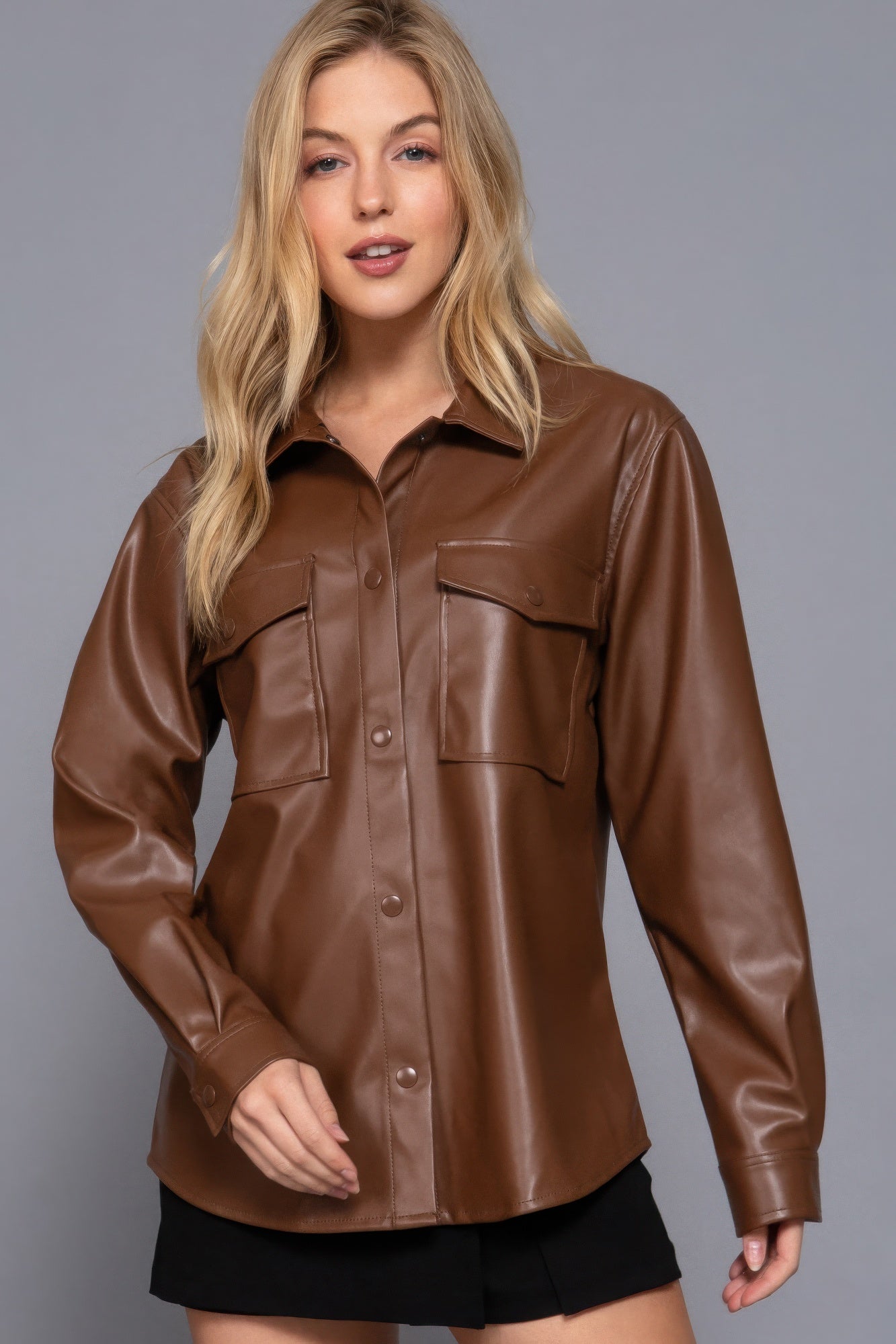 Long Slv Faux Leather Shacket