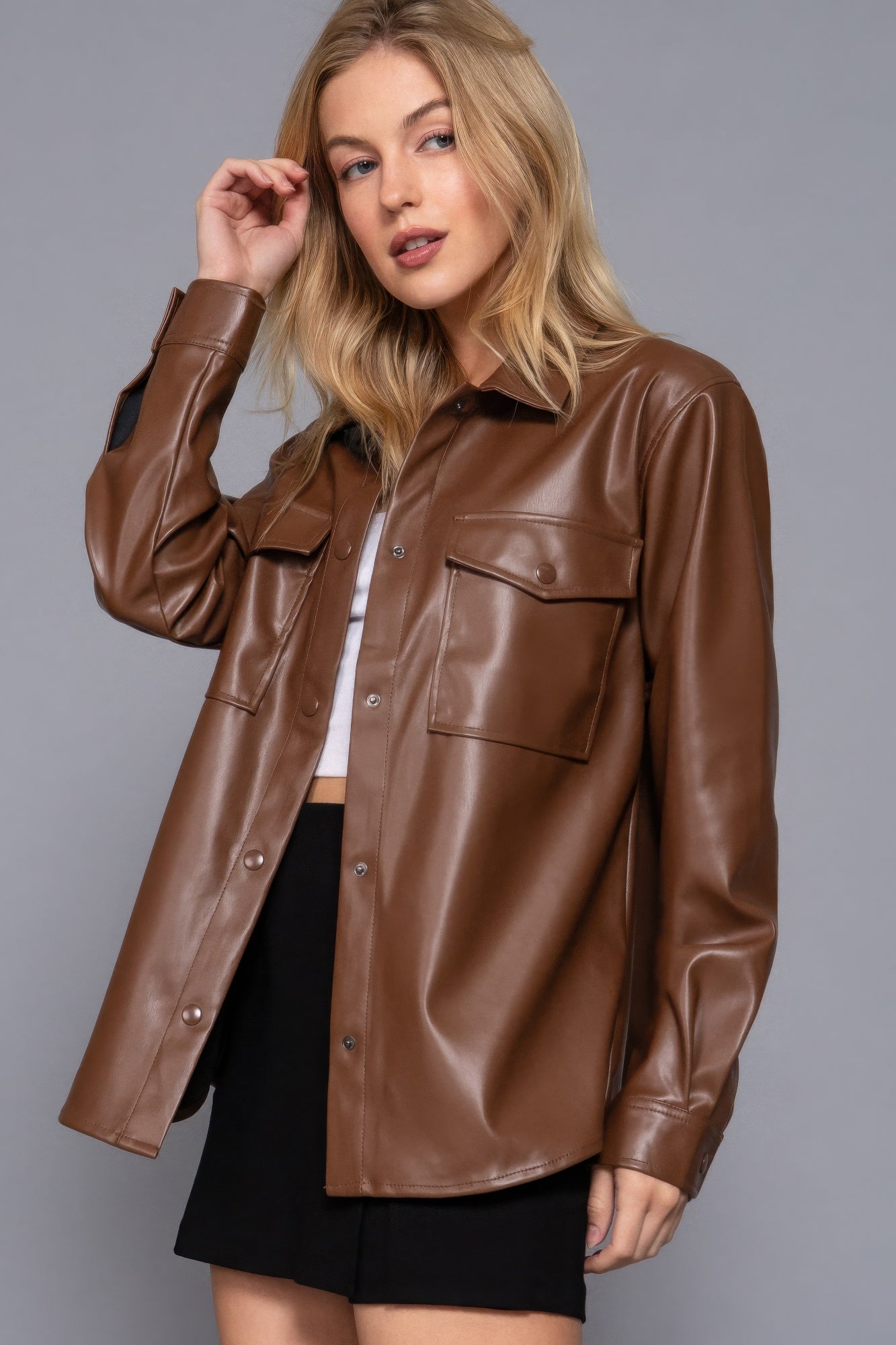 Long Slv Faux Leather Shacket