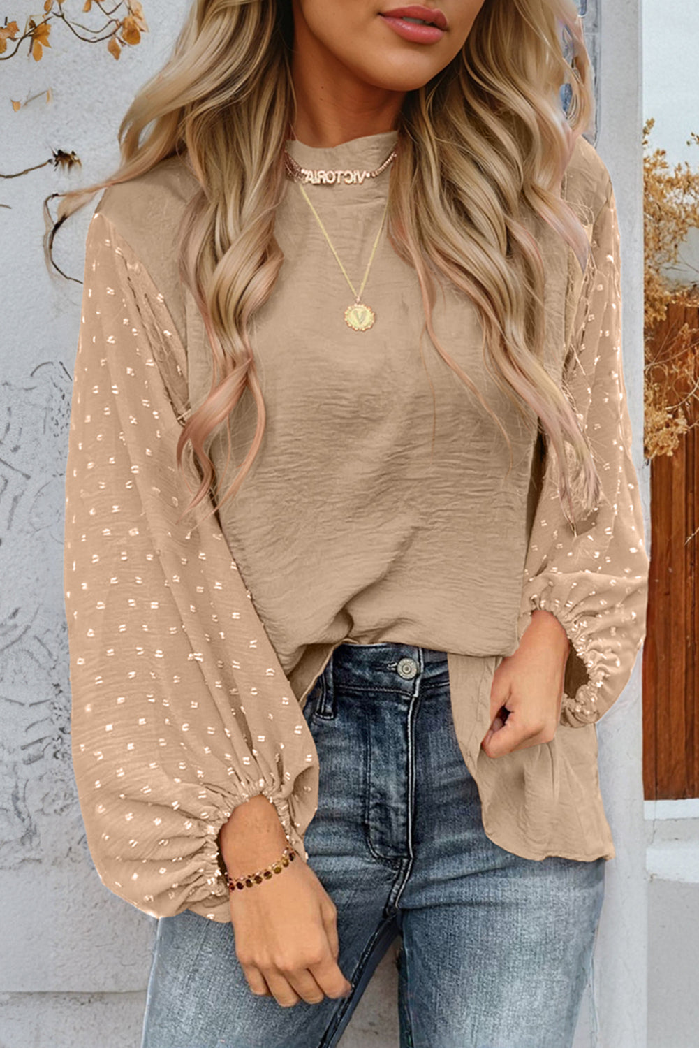 Parchment Swiss Dot Balloon Sleeve Loose Blouse