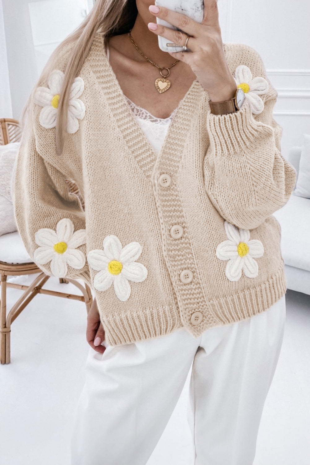 Parchment Elegant Flower Decor Button Front Cardigan